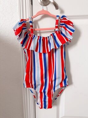 Cat & Jack Red, Blue & White Striped Ruffle Swimsuit Top